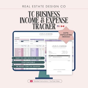 May include: A computer monitor shows a business income and expense tracker. The screen displays a spreadsheet with the text "TC Business Income & Expense Tracker." Additional text includes "Easy to Use Google Sheet," "Customizable," and "Be Ready for Tax Season."