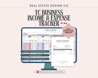 May include: A computer monitor displays a business income and expense tracker. The screen shows a spreadsheet with the text "TC Business Income & Expense Tracker." Additional text includes "Easy to Use Google Sheet," "Customizable," and "Be Ready for Tax Season."