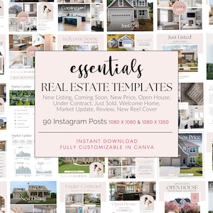 May include: A collection of real estate templates for Instagram posts. The templates are in a soft, neutral color palette and include designs for new listings, open houses, and market updates. The text reads "essentials REAL ESTATE TEMPLATES".