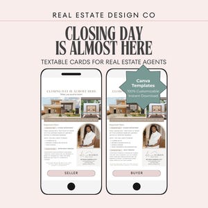 Plantilla de Canva para mensajes de texto de cierre de transacciones inmobiliarias: agentes, lista de verificación para el cliente, próximos pasos.