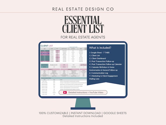 Real Estate Client List Google Sheets, CRM with Follow-up Calendar, Client Dashboard