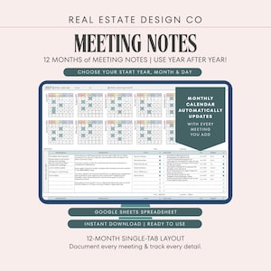 Meeting Notes Tracker Template, Google Sheets, Meeting Minutes, Agenda, Action Items, Yearly Planner, Monthly Calendar
