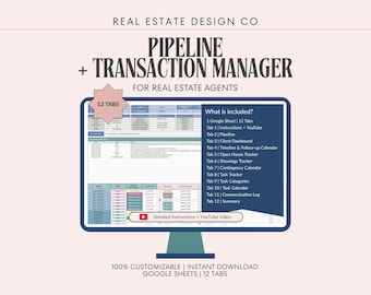 Real Estate Pipeline + Transaction Manager, 12 Tab Google Sheet, CRM
