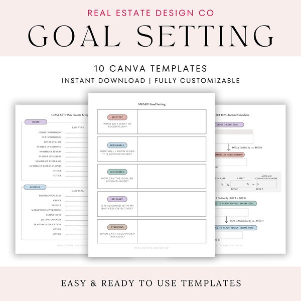 Real Estate Goal Setting, Year in Review, Real Estate Agent Canva Templates, Realtor Business, Checklists, Income Goals, SMART Goals, Tasks