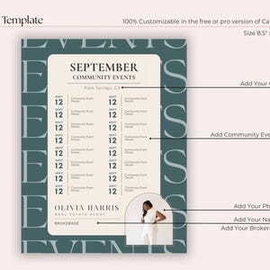 May include: A Canva template for community events, featuring a teal and cream color scheme. The design includes the text "SEPTEMBER COMMUNITY EVENTS" and prompts to add city, events, photo, name, and brokerage. Size 8.5" x 11".