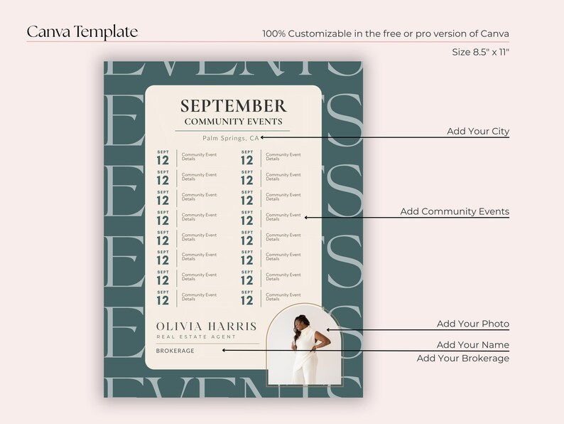 May include: A Canva template for community events, featuring a teal and cream color scheme. The design includes the text "SEPTEMBER COMMUNITY EVENTS" and prompts to add city, events, photo, name, and brokerage. Size 8.5" x 11".
