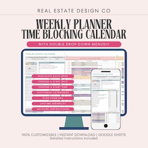 Time Blocking Digital Planner: Weekly Calendar, To Do List, Habit Tracker, Google Sheets Spreadsheet