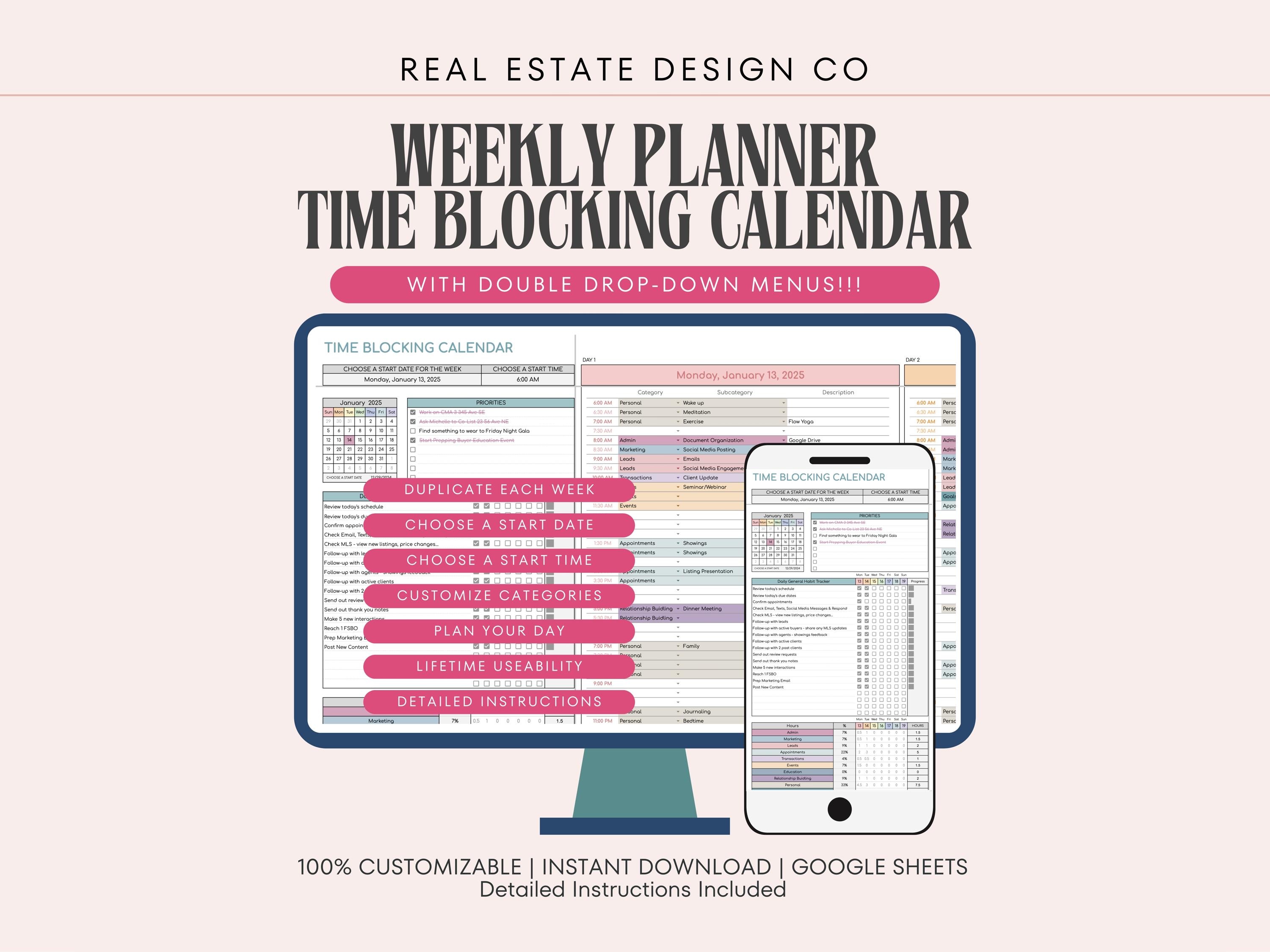 Time Blocking Digital Planner: Weekly Calendar, to Do List, Habit ...