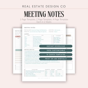 Meeting Notes Template, 1-4 Page Minutes, Agenda & Action Items, Printable Canva Template