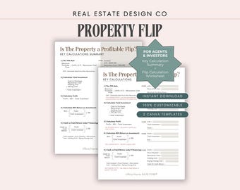 Property Flip Calculator: Real Estate Investor Worksheet, Investment Property Search (Canva Template Digital Download)