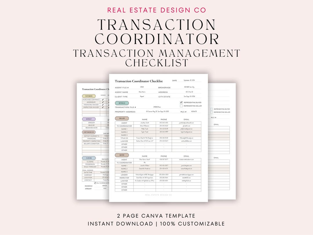 Transaction Coordinator Checklist Canva Template Real Estate Transaction Management Tracker ...