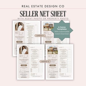 Plantilla de Canva para la hoja de ingresos netos del vendedor de bienes raíces: Estimación de cierre de la venta, ganancias (descarga digital)