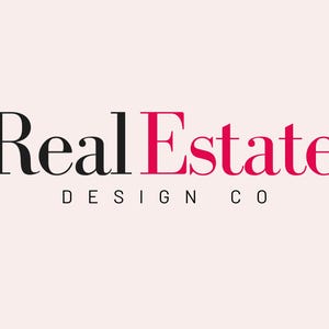 May include: A logo for a real estate design company. The word "Real" is in black text and the word "Estate" is in pink text. The words "Design Co" are in black text below the main text.