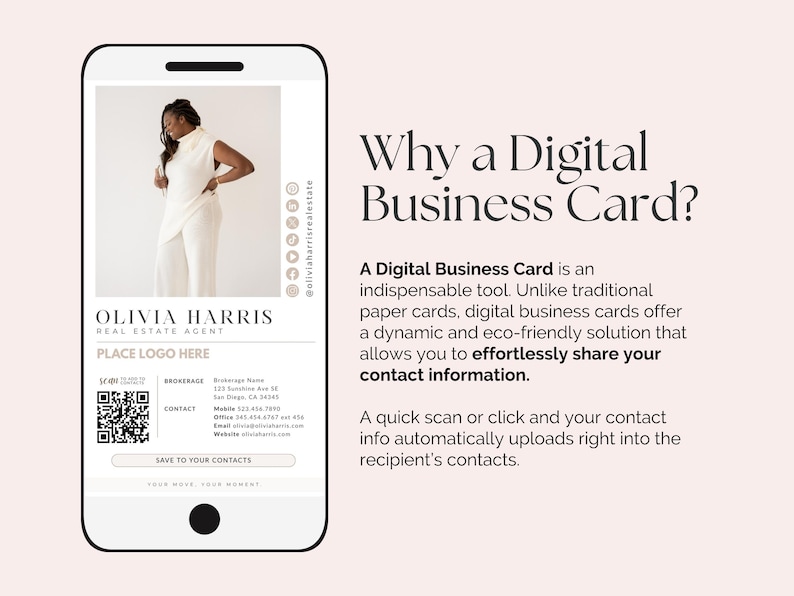 Mall för digitala visitkort för fastigheter i Canva med QR-kod och klickbara länkar bild 2