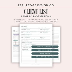 Real Estate Client List Template, Birthday & Anniversary Tracker, Client Communication Log, 9 Canva Templates