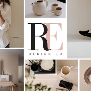 Op de afbeelding: Een lifestyle collage met diverse afbeeldingen. Bevat een persoon die een mok vasthoudt, een theepot met kopjes, het logo "RE DESIGN CO", een persoon met zwarte schoenen, een eetkamer en een bureau met een koffiekopje en telefoon.