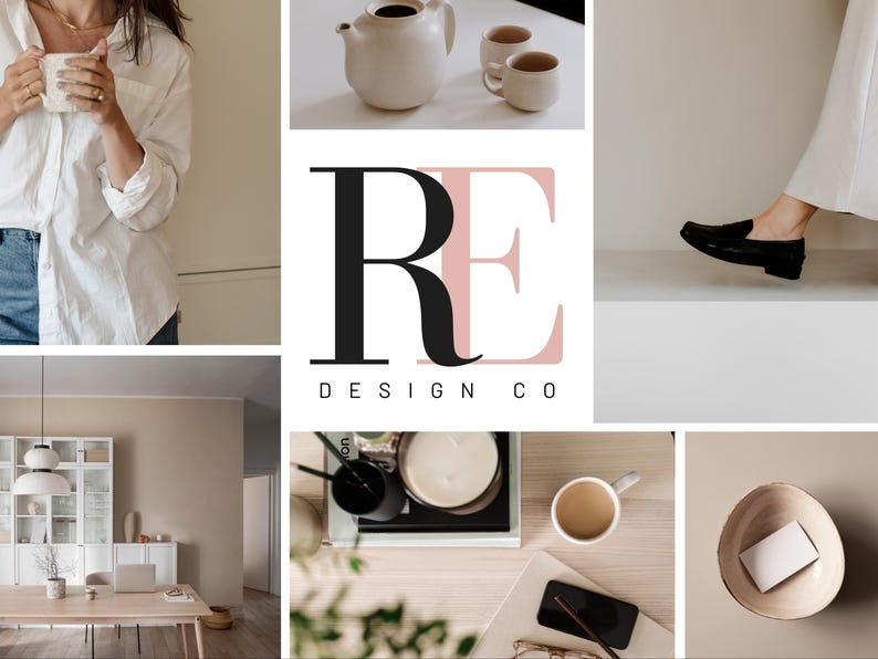 Op de afbeelding: Een lifestyle collage met diverse afbeeldingen. Bevat een persoon die een mok vasthoudt, een theepot met kopjes, het logo "RE DESIGN CO", een persoon met zwarte schoenen, een eetkamer en een bureau met een koffiekopje en telefoon.