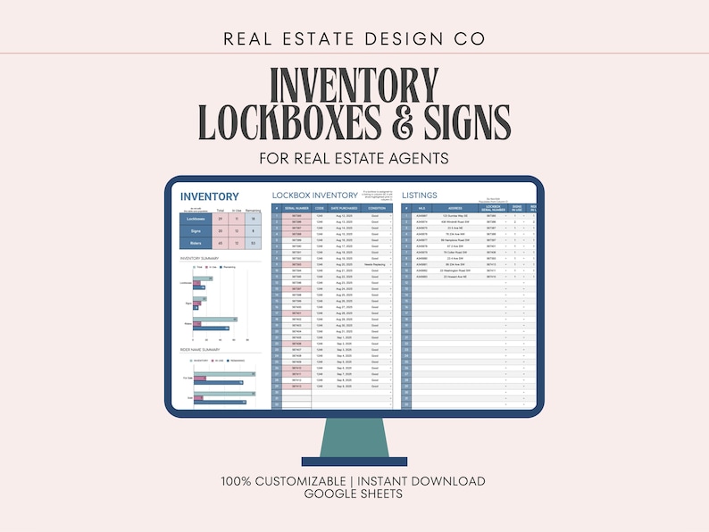 Real Estate Agent Lockbox, Sign & Rider Inventory Tracker, Google Sheets Template, Business Tools image 1