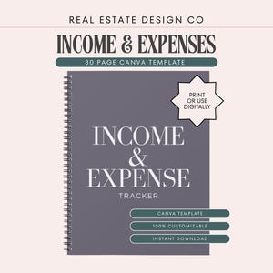Puede incluir: Un cuaderno gris con espiral con las palabras "INCOME & EXPENSES" en letras blancas grandes. El texto "80 PAGE CANVA TEMPLATE" está encima del título. Debajo del título está la palabra "TRACKER". El texto adicional incluye "CANVA TEMPLATE", "100% CUSTOMIZABLE" e "INSTANT DOWNLOAD".