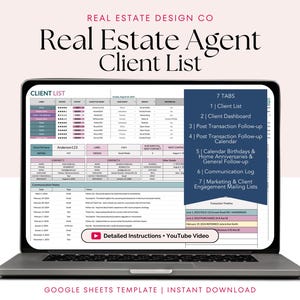 Elenco clienti immobiliari Fogli Google Foglio di calcolo CRM con calendario di follow-up Dashboard cliente Tracker compleanni e anniversari della casa e altro ancora