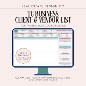 Real Estate Transaction Coordinator Client List & Vendor List | Google Sheets Template, TC Business