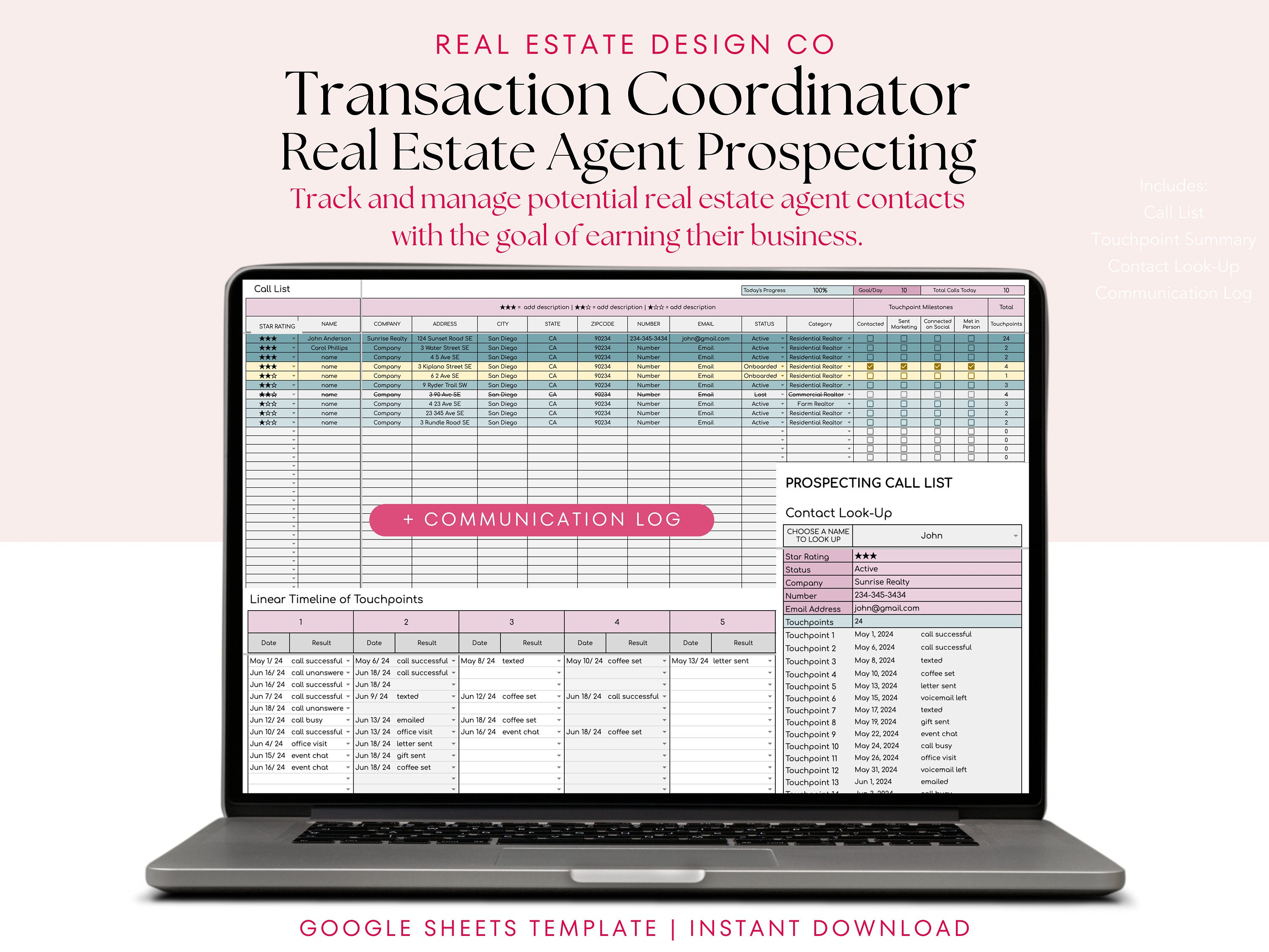 Transaction Coordinator Business Prospect Tracker Google Sheets Spreadsheet, Real Estate Agent Tracker, Call List Contact List Habit Tracker