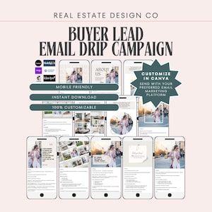 May include: A digital marketing template set titled Real Estate Design Co Buyer Lead Email Drip Campaign. It features multiple smartphone screens displaying customisable email layouts, text, and imagery, with buttons for mobile friendly, instant download, and 100% customisable options, plus a star-shaped badge for Canva customisation.