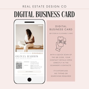 Szablon wizytówki cyfrowej Canva dla branży nieruchomości z kodem QR i klikalnymi linkami