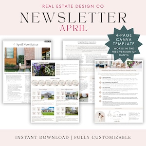 Real Homes April Newsletter Canva Template - 4 anpassbare Seiten für E-Mail & Print Marketing, perfekt für den Frühling der Makler