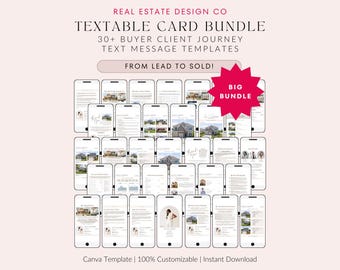 Buyer Client Journey Communication Text Message Canva Templates for Real Estate Agents Textable Cards Contract Timeline, Home Buying Process