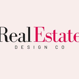 May include: A logo for "Real Estate Design Co" on a light pink background. The words "Real" and "Design Co" are in black, while "Estate" is in a vibrant pink. The text is in a clean, sans-serif font.