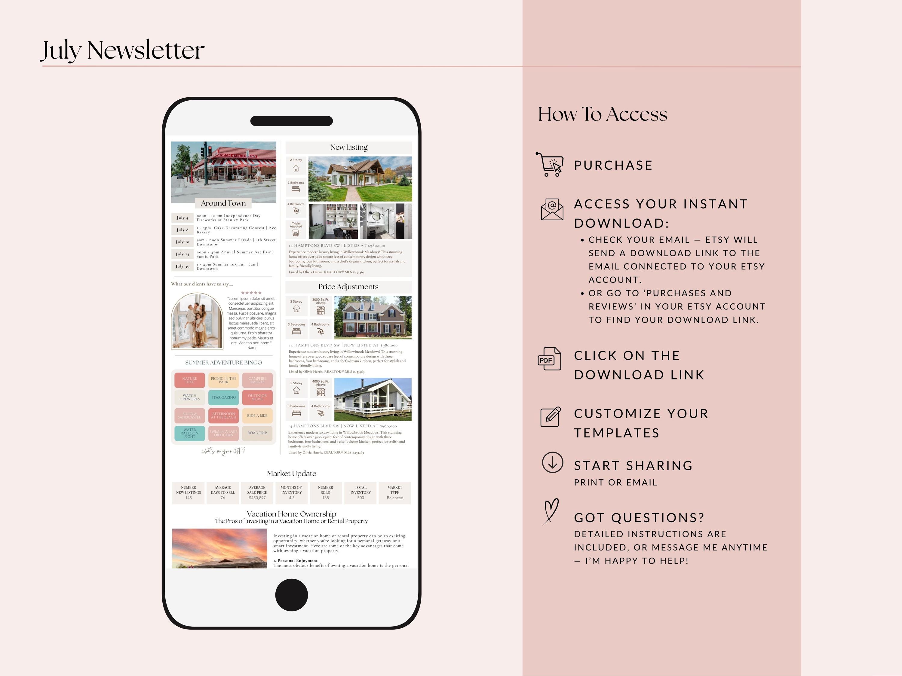 Real Estate July Newsletter | Summer Marketing, Canva Template, Print ...