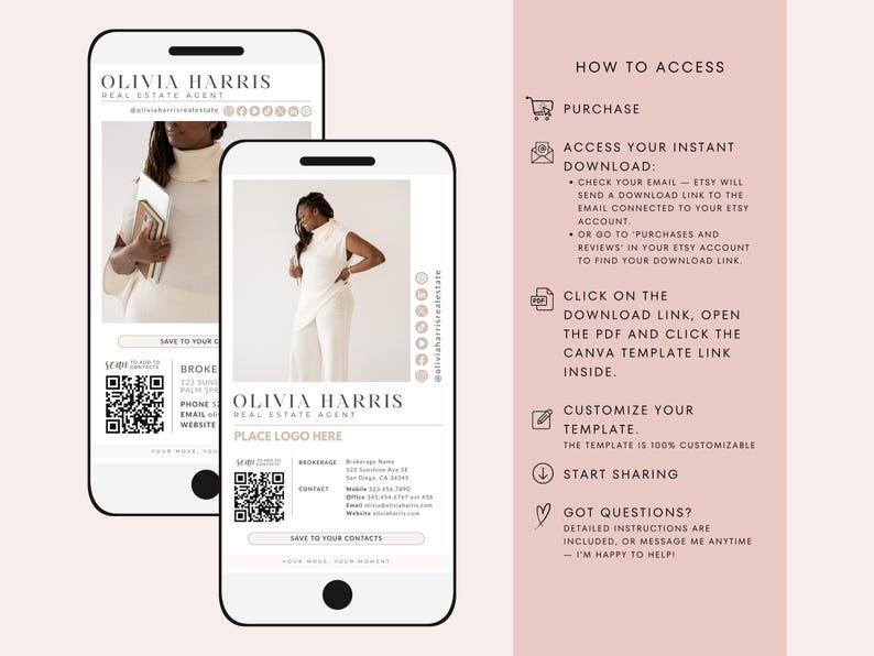 Mall för digitala visitkort för fastigheter i Canva med QR-kod och klickbara länkar bild 8