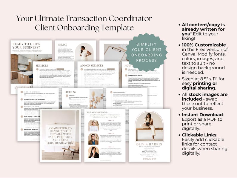 K&ouml;nnte beinhalten: Eine digitale Vorlage f&uuml;r die Kunden-Onboarding, mit einem beige-braunen Farbschema. Die Vorlage enth&auml;lt Abschnitte f&uuml;r Dienstleistungen, Zusatzleistungen, den Prozess und Kundenfeedback. Die Vorlage ist anpassbar und enth&auml;lt Archivbilder. Der Text "Vereinfachen Sie Ihren Kunden-Onboarding-Prozess" ist in einem gr&uuml;nen Kreis dargestellt.