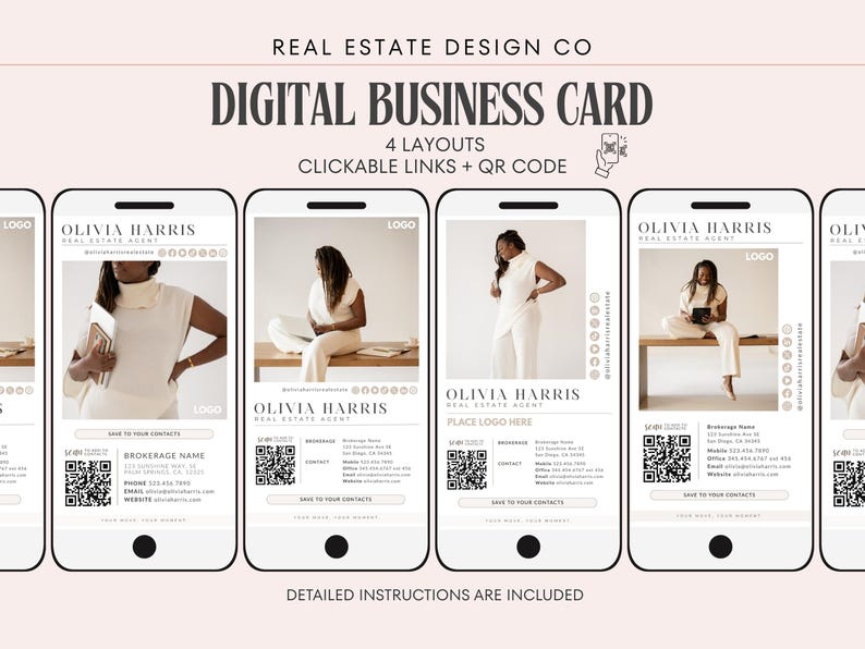 Mall för digitala visitkort för fastigheter i Canva med QR-kod och klickbara länkar bild 1