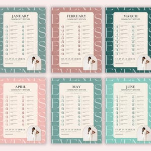 May include: A set of six event flyers for community events, each with a different month displayed. The flyers feature a woman in a white outfit, event dates, and the name "Olivia Harris". The background has a repeating "S" pattern.