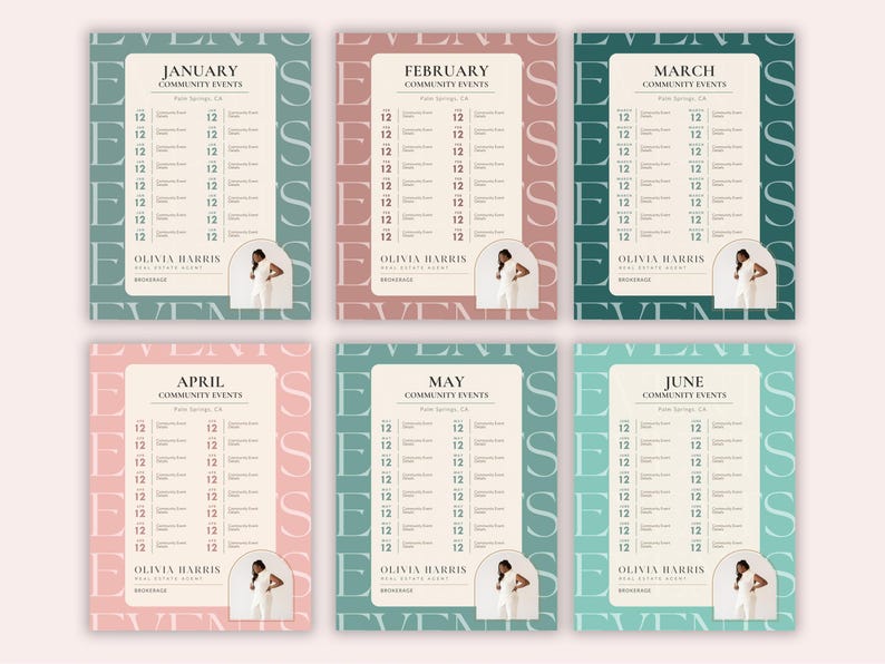 May include: A set of six event flyers for community events, each with a different month displayed. The flyers feature a woman in a white outfit, event dates, and the name "Olivia Harris". The background has a repeating "S" pattern.