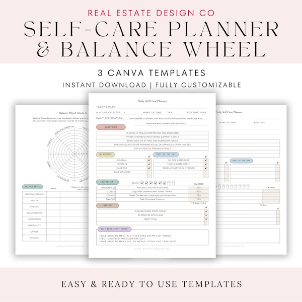 Self-Care Planner with Balance Wheel, Canva Template, Daily Gratitude, Daily Affirmations, Daily Self-Care Tracker, Fitness & Exercise