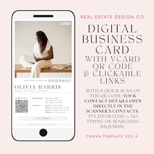 Biglietto da visita digitale con codice QR e link cliccabili, modello Canva per il settore immobiliare, il codice QR scansionato si apre direttamente nei contatti del destinatario!