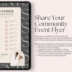 May include: A digital flyer for community events in Palm Springs, CA, displayed on a tablet. The flyer features a November calendar, event details, and a photo of a real estate agent. Text on the flyer reads "Share Your Community Event Flyer."