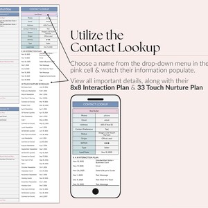 Op de afbeelding: Een digitale planner lay-out met een roze achtergrond. De afbeelding toont een contactzoekfunctie op een smartphone en een gedetailleerde kalenderweergave. Tekst bevat "Gebruik de Contact Lookup" en "8x8 Interaction Plan & 33 Touch Nurture Plan."