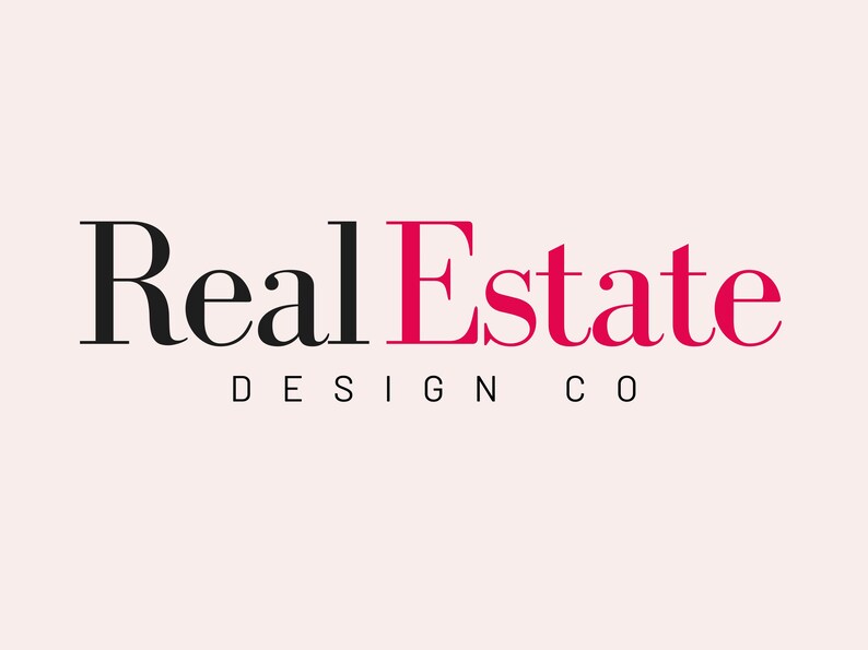 Puede incluir: Un dise&ntilde;o de logotipo con las palabras "Real Estate" en negro y fucsia, y "Design Co" en una fuente m&aacute;s peque&ntilde;a debajo. El fondo es de un rosa p&aacute;lido suave.