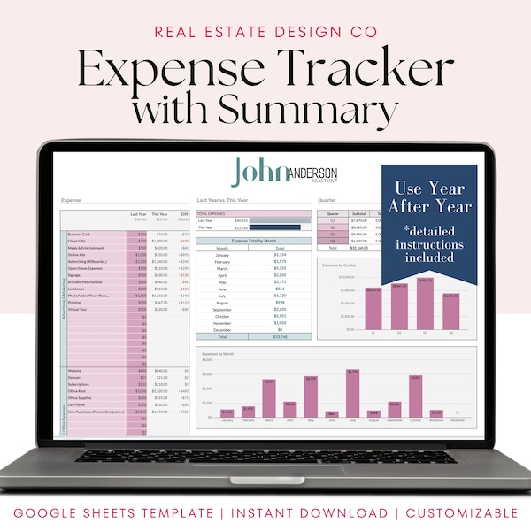 Real Estate Agent Expense Tracker Google Sheets Spreadsheet Financial Manager Listings Expense Tracker Realtor Business Tools Tax Report