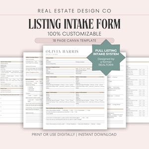 Puede incluir: Una plantilla de Canva de 18 páginas para formulario de admisión de listados inmobiliarios de Real Estate Design Co. El documento incluye secciones para información del vendedor, detalles de la propiedad y titularidad. Un gráfico de estrella verde azulado dice Full Listing Intake System.