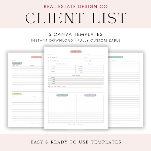 Real Estate Client List Canva Template, Client Touchpoint Tracker, Client Birthday Tracker, Home Anniversary Tracker, Record of Commission