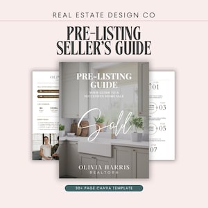 May include: A digital pre-listing seller's guide template for estate agents. The cover features a kitchen interior with the text PRE-LISTING GUIDE, YOUR GUIDE TO A SUCCESSFUL HOME SALE, Sold, and OLIVIA HARRIS REALTOR. Includes additional pages.