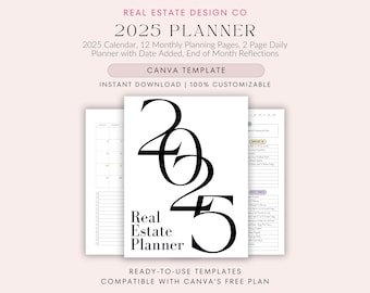 Planificador de agente inmobiliario 2025, herramientas empresariales, plantilla de Canva, citas, plazos, registro de hábitos, lista de tareas, afirmaciones de gratitud