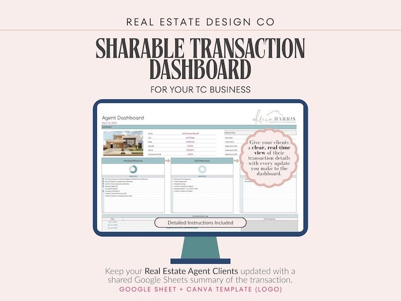 Real Estate Transaction Coordinator Client Dashboard | Sharable Google Sheets Template for Agent & TC Communication image 1