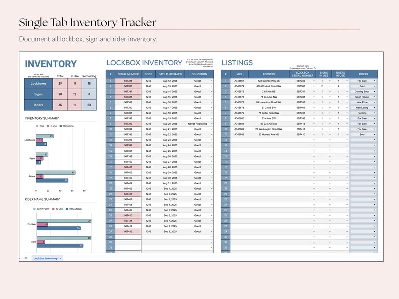 Real Estate Agent Lockbox, Sign & Rider Inventory Tracker, Google Sheets Template, Business Tools image 2
