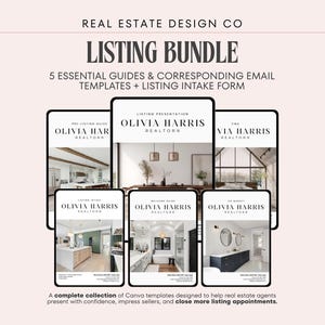 Könnte beinhalten: Ein digitales Vorlagenpaket für Immobilienmakler mit fünf Leitfäden, zugehörigen E-Mail-Vorlagen und einem Aufnahmeformular. Die Dokumente enthalten den Text Real Estate Design Co, Listing Bundle und Olivia Harris Realtor.